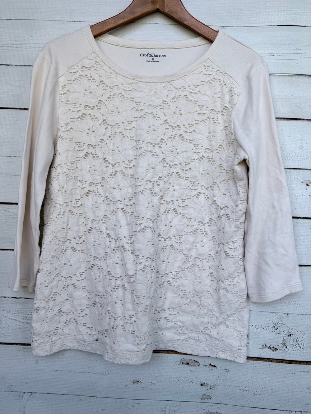 Croft & Barrow Lace Front 3/4 Sleeve Top Size Medium